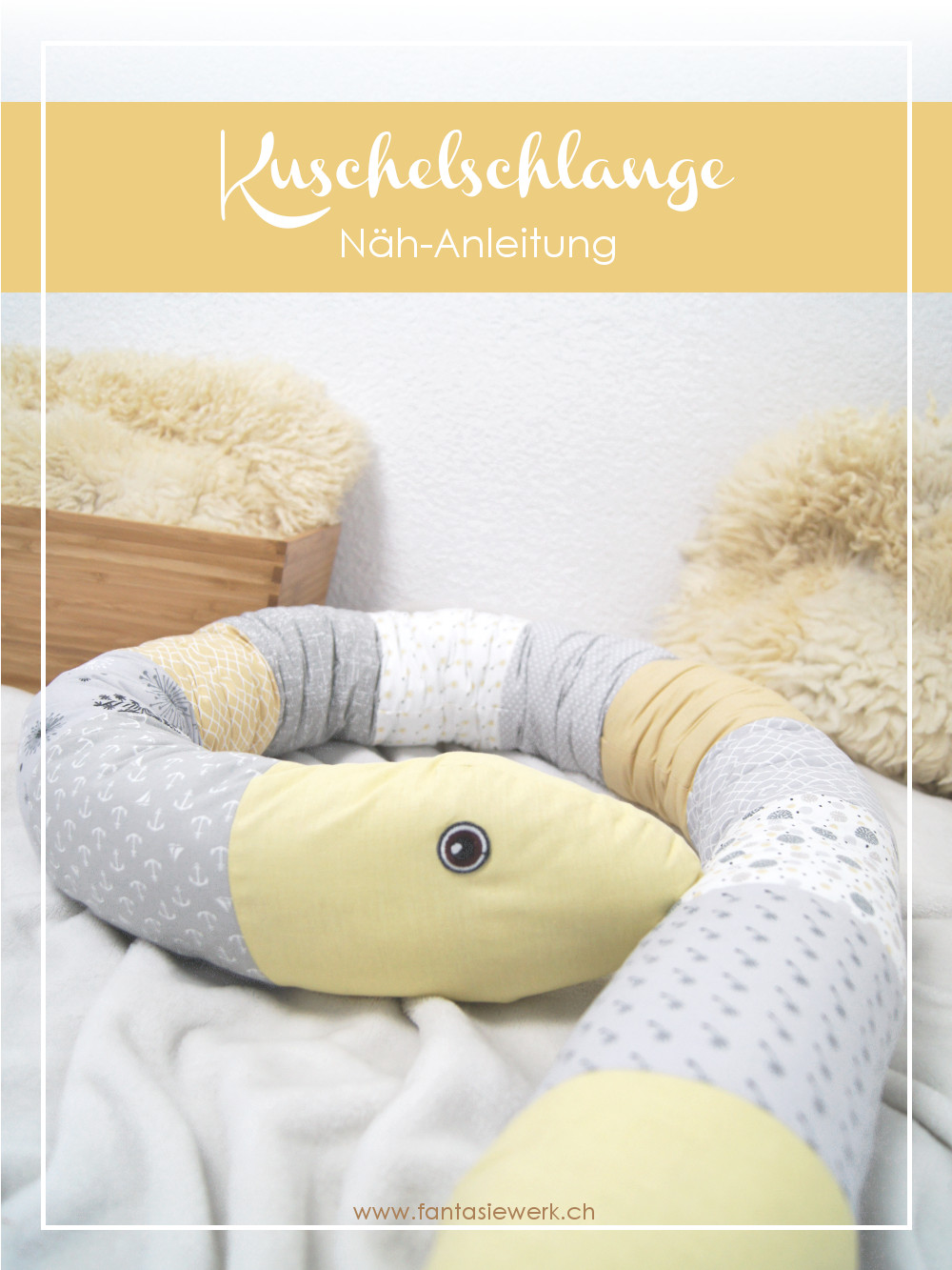 #Kuscheltier Schlange selber #nähen. Schritt für Schritt #Anleitung und viele #Nähtipps inklusive. Ein wunderschönes #DIY für #Kinder und #Babys von #Fantasiewerk