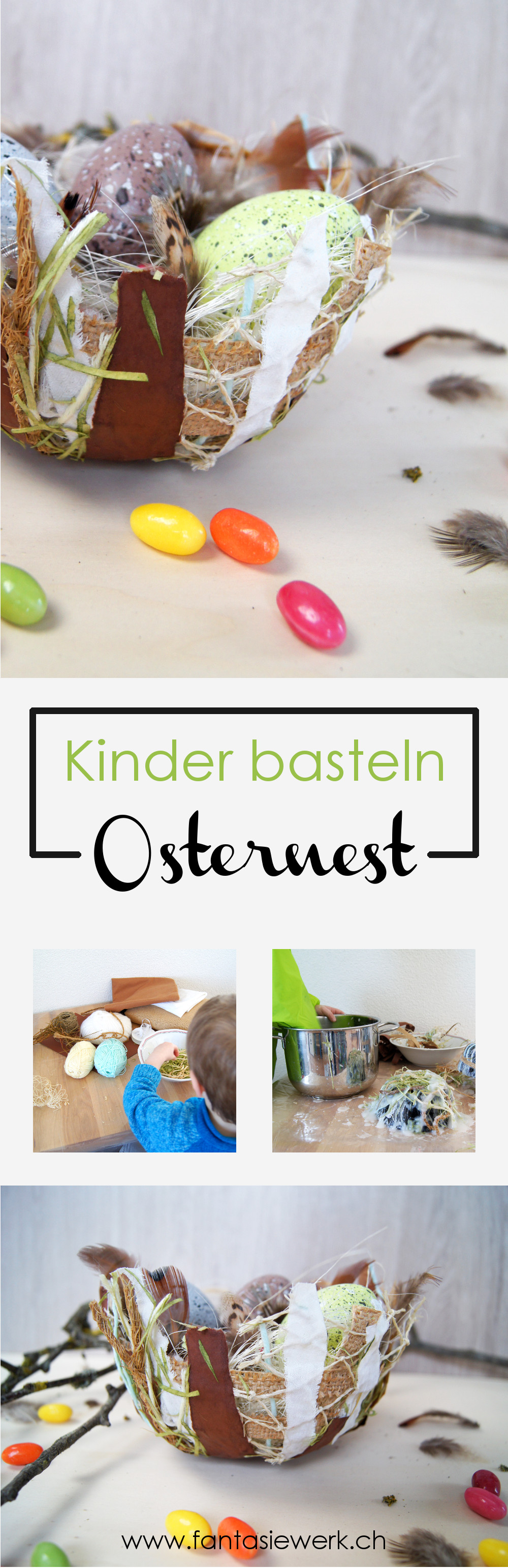 Osternest aus Naturmaterialien und Kleister mit Kindern basteln. Diese Bastelidee macht sich auch gut als Vogelnest. | von Fantasiewerk