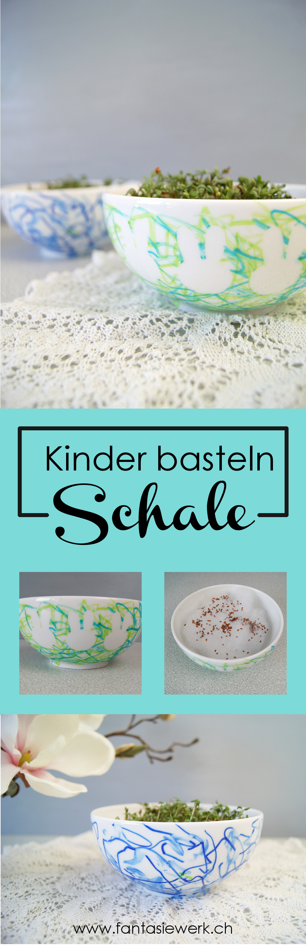 Porzellanschale mit Kleinkindern verzieren und mit Kresse bepflanzen. Basteln mit Kindern zu Ostern | von Fantasiewerk #kinderbasteln #ostergeschenk