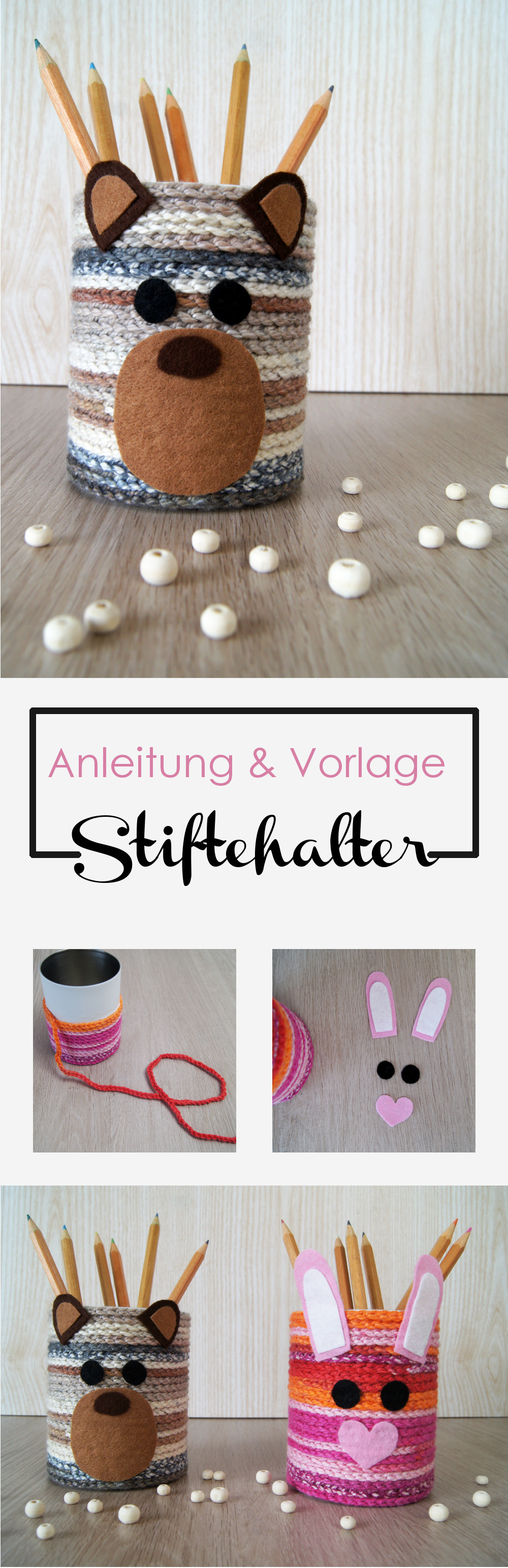 Anleitung mit gratis Vorlagen zum Ausdrucken: Stiftehalter mit Tieren häkeln. Bastelidee für Familien und Kinder | von Fantasiewerk.ch #diy #häkeln