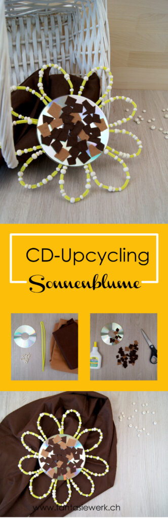 Anleitung: Eine Sonnenblume aus einer CD gestalten | Upcycling und basteln mit Kindern | von Fantasiewerk #bastelnmitkindern #upcycling #kidscraft