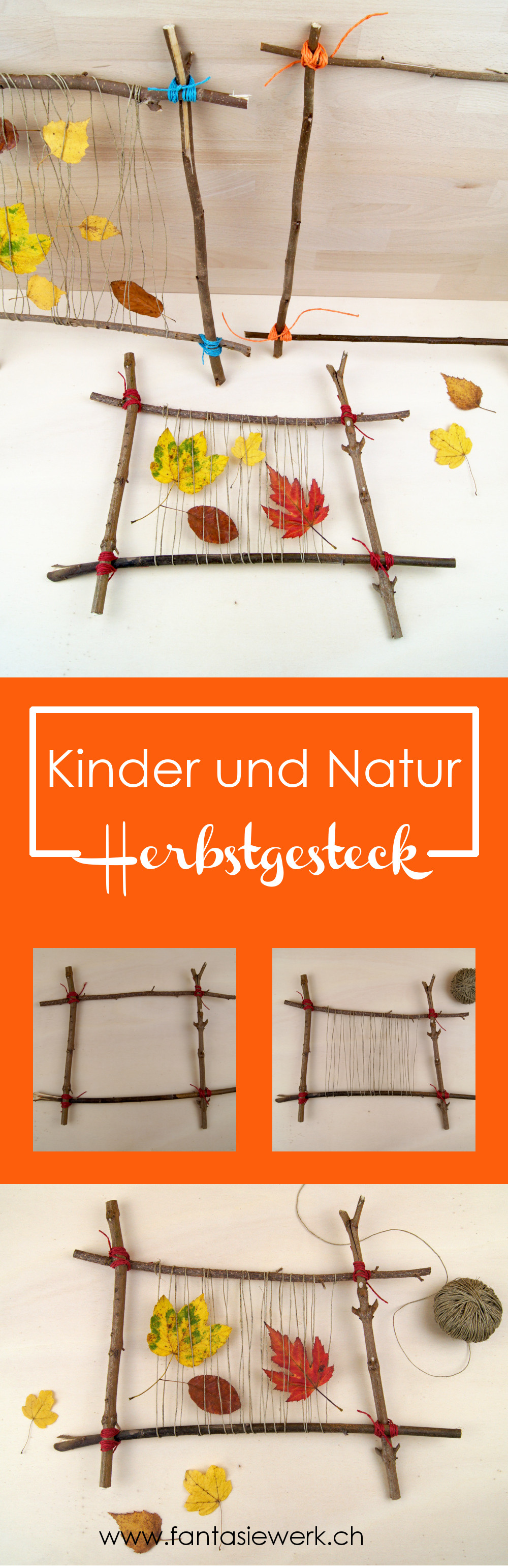 Anleitung: Herbst - Gesteck aus Ästen und Laubblättern basteln | Kinder entdecken Naturmaterialien und gestalten mit ihnen ein kreatives herbstliches Bild | Fantasiewerk | #naturmaterialien #bastelnmitkindern