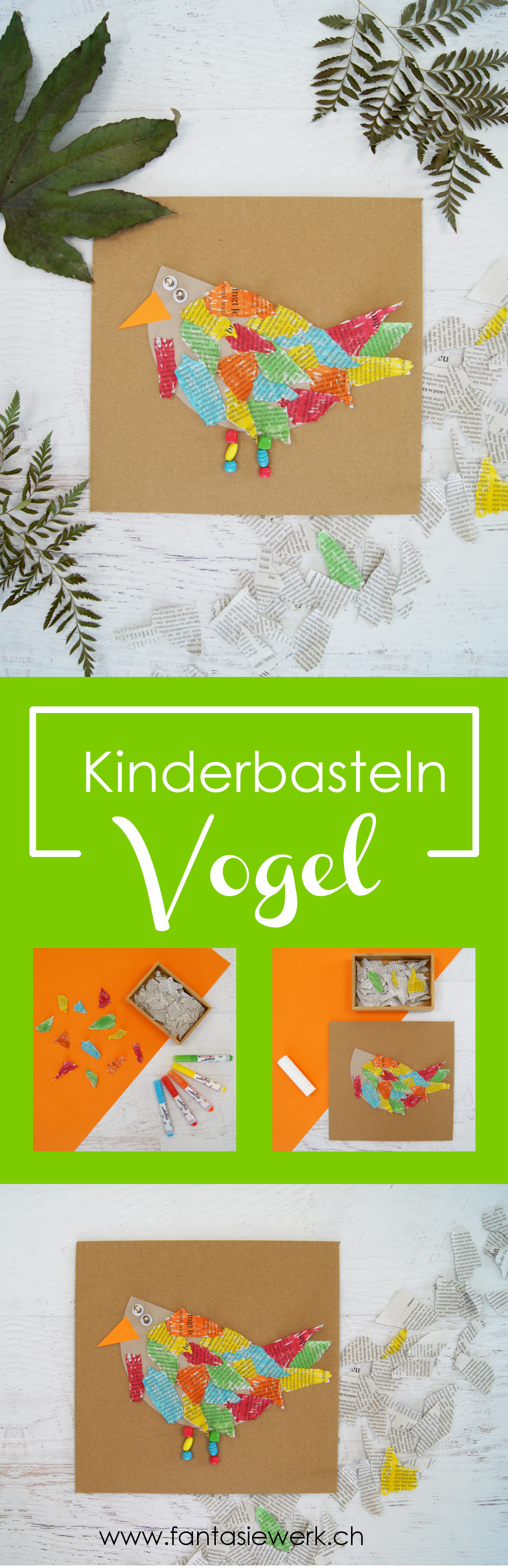 Kinder basteln Vogel aus Zeitung Karton und Filzstiften | Upcycling für den Frühling | #bastelnmitkindern | von fantasiewerk