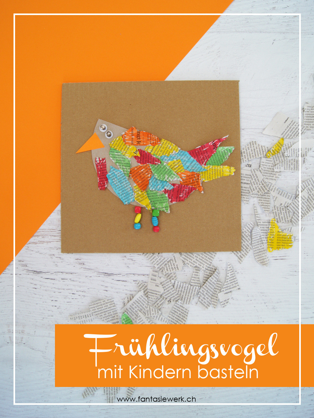 Kinder basteln Vogel aus Zeitung Karton und Filzstiften | Upcycling für den Frühling | #bastelnmitkindern | von fantasiewerk