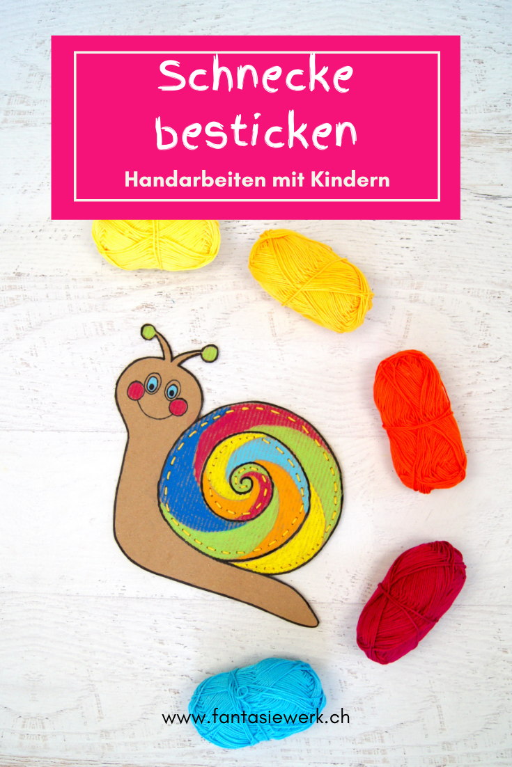 Schnecke aus Karton malen und sticken mit Kindern | Vorstich nähen | #bastelnmitkindern #handarbeit | von Fantasiewerk