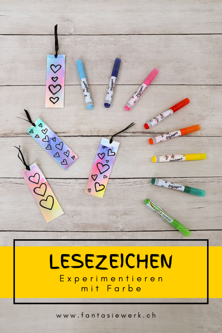 Lesezeichen #bastelnmitkindern | Experimentieren und malen mit Farben | Geschenk zum Valentinstag | von Fantasiewerk.ch
