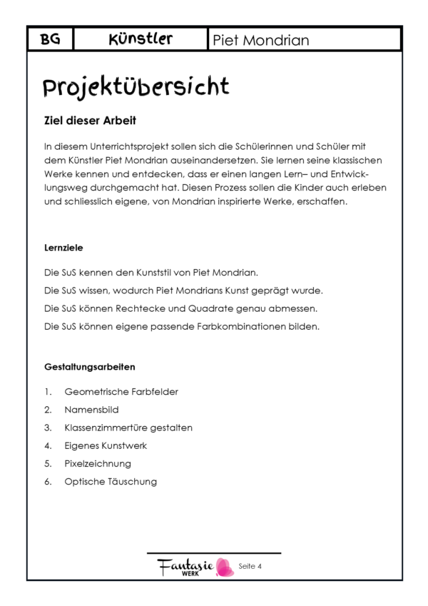 Kunstprojekt - Malen nach Piet Mondrian | Unterrichtsplanung | Arbeitsblätter | Anleitungen für deine Schule